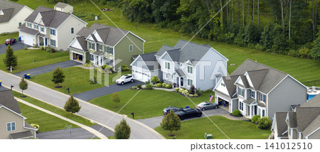 Residential homes in suburban sprawl development in Rochester, New York. Low-density two story private houses in rural suburbs. Housing market in the USA 141012510