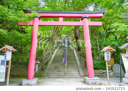 The torii gate and stairs at the entrance of Tanzan Shrine in Sakurai City, Nara Prefecture, amidst the beautiful fresh greenery. The torii gate and stairs at the entrance of Tanzan Shrine in Sakurai City, Nara Prefecture, amidst the beautiful fresh greenery. 141012723