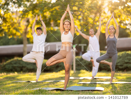 Yoga lesson visitors perform vrikshasana in park Yoga lesson visitors perform vrikshasana in park 141012789