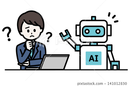 An illustration of a businessman struggling with computer operation and AI implementation; representing questions and problem-solving; vector illustration. An illustration of a businessman struggling with computer operation and AI implementation; representing questions and problem-solving; vector illustration. 141012830