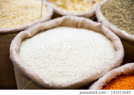 Sacks of basmati rice at food market Sacks of basmati rice at food market 141013045