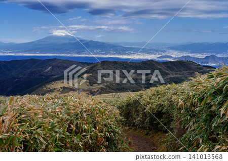 Mount Fuji as seen from the ridge trail through the grasslands of Mt. Daruma on the Izu Peninsula. Mount Fuji as seen from the ridge trail through the grasslands of Mt. Daruma on the Izu Peninsula. 141013568