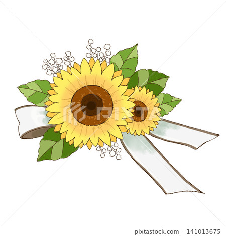 A summery illustration featuring sunflowers and white ribbons as a floral decoration. A summery illustration featuring sunflowers and white ribbons as a floral decoration. 141013675