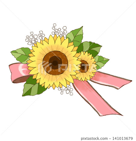 A summery illustration featuring sunflowers and pink ribbons as a floral decoration. 141013679