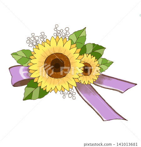 A summery illustration featuring sunflowers and lavender ribbons as a floral decoration. A summery illustration featuring sunflowers and lavender ribbons as a floral decoration. 141013681