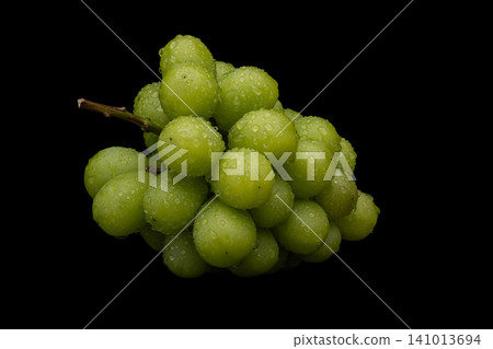 A photograph of wet Shine Muscat grapes against a black background. 141013694
