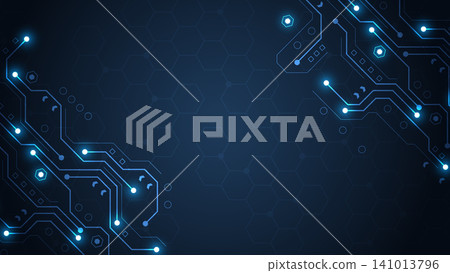 Dark blue digital technology vector with diagonal glowing neon circuit board lines cyan nodes geometric hexagon grid and central empty space Dark blue digital technology vector with diagonal glowing neon circuit board lines cyan nodes geometric hexagon grid and central empty space 141013796