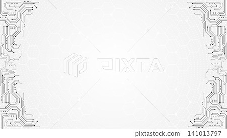 White abstract technological pattern featuring detailed electronic circuit board line traces on left and right borders with central geometric hexagon copy space White abstract technological pattern featuring detailed electronic circuit board line traces on left and right borders with central geometric hexagon copy space 141013797