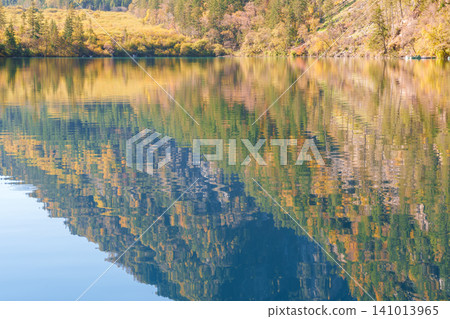 Scenery Jiuzhaigou national park in Sichuan, China. Beautiful of Panda Lake in Autumn season. Famous Landmark and Vacation near Chengdu, China. Asia travel concept Scenery Jiuzhaigou national park in Sichuan, China. Beautiful of Panda Lake in Autumn season. Famous Landmark and Vacation near Chengdu, China. Asia travel concept 141013965