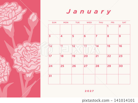 January 2027 Desk Calendar - Carnation Illustration Design January 2027 Desk Calendar - Carnation Illustration Design 141014101