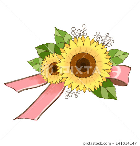 A flower decoration with sunflowers and pink ribbons (facing right) A flower decoration with sunflowers and pink ribbons (facing right) 141014147