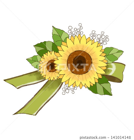 A floral decoration featuring sunflowers and olive-colored ribbons (facing right) A floral decoration featuring sunflowers and olive-colored ribbons (facing right) 141014148