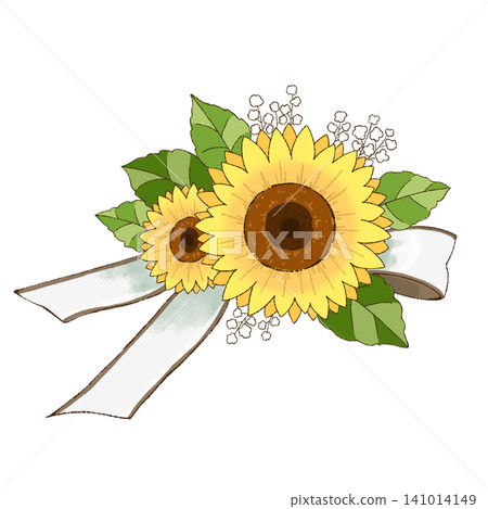 A flower arrangement of sunflowers and white ribbons (facing right) A flower arrangement of sunflowers and white ribbons (facing right) 141014149