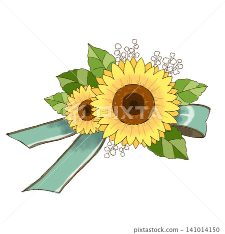A floral decoration featuring sunflowers and mint green ribbons (facing right). A floral decoration featuring sunflowers and mint green ribbons (facing right). 141014150