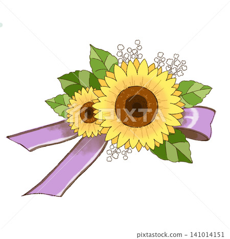 A flower decoration featuring sunflowers and lavender-colored ribbons (facing right) A flower decoration featuring sunflowers and lavender-colored ribbons (facing right) 141014151