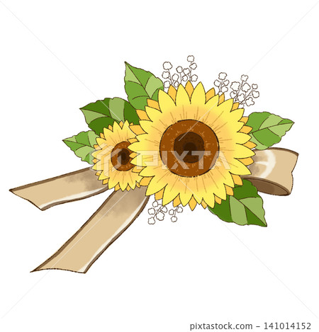 A flower decoration featuring sunflowers and a beige ribbon (facing right). A flower decoration featuring sunflowers and a beige ribbon (facing right). 141014152