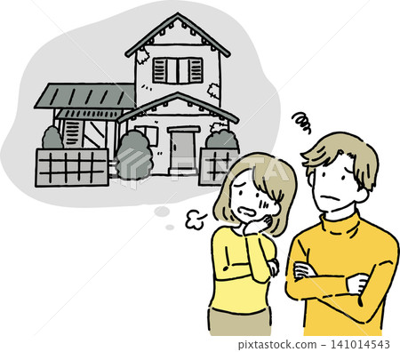 An illustration of a man and woman struggling with closing down their family home. An illustration of a man and woman struggling with closing down their family home. 141014543