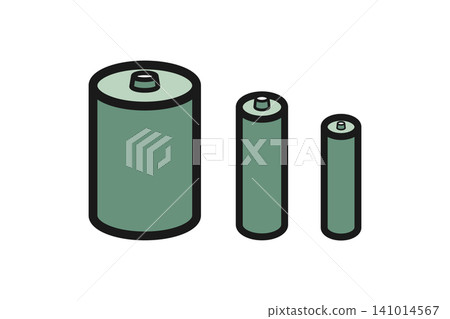 Set of 3 simple line art icons of batteries/dry cell batteries, in color. Set of 3 simple line art icons of batteries/dry cell batteries, in color. 141014567