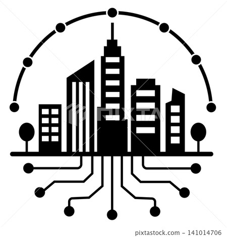 Smart cities icon. Connected city in black and white sign. Smart city symbol. flat style. Smart cities icon. Connected city in black and white sign. Smart city symbol. flat style. 141014706