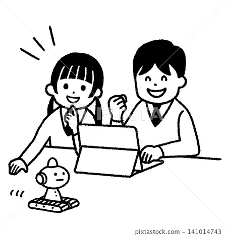 黑白照片,畫面中男女學生正透過程式控制機器人。 黑白照片,畫面中男女學生正透過程式控制機器人。 141014743