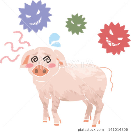 An illustration of a pig with a troubled expression surrounded by virus characters (Swimming Fever, Livestock Infectious Diseases, Biosecurity, etc.) 141014806