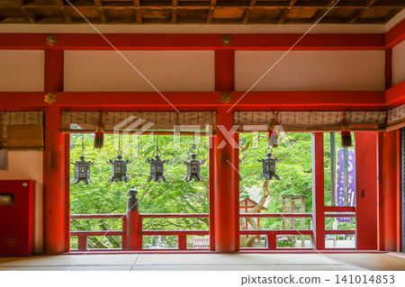 View of the stone lanterns from inside the main hall of Tanzan Shrine in Sakurai City, Nara Prefecture, amidst the fresh greenery. View of the stone lanterns from inside the main hall of Tanzan Shrine in Sakurai City, Nara Prefecture, amidst the fresh greenery. 141014853