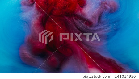 Turbulence paint. Pigment splash. Sparkling cloud color spray particles flow liquid. Red blue fume abstract twirl mix blur background. 141014930