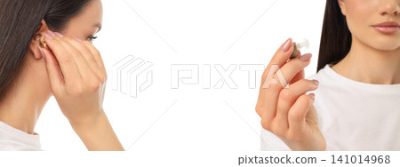 Set, Woman prepares to use a device in a bright studio area, PNG 141014968