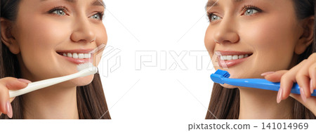 Set, Woman engages in oral hygiene with two toothbrushes, PNG Set, Woman engages in oral hygiene with two toothbrushes, PNG 141014969