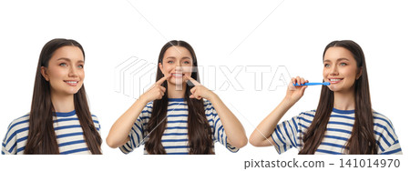 Set, Woman smiling and showing how to brush teeth, isolated, PNG Set, Woman smiling and showing how to brush teeth, isolated, PNG 141014970