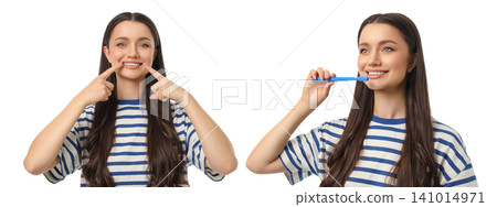 Set, Woman smiles and shows a toothbrush in her hands, isolated, PNG Set, Woman smiles and shows a toothbrush in her hands, isolated, PNG 141014971