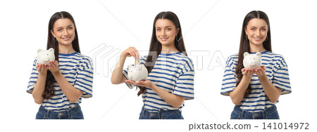 Set, Woman shows piggy bank and smiles in a backdrop, isolated, PNG Set, Woman shows piggy bank and smiles in a backdrop, isolated, PNG 141014972