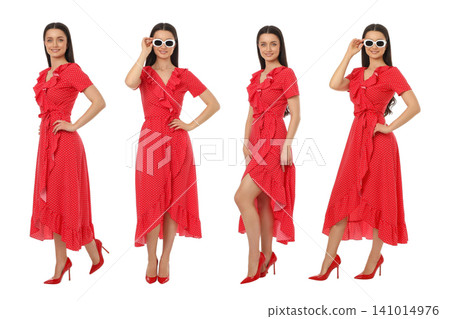 Set, Woman poses happily with her fashion design, isolated, PNG Set, Woman poses happily with her fashion design, isolated, PNG 141014976