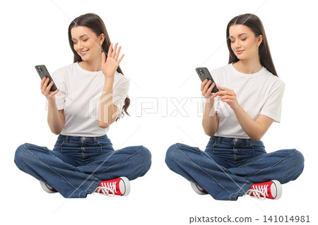Set, Woman using smartphone while sitting comfortably, isolated, PNG Set, Woman using smartphone while sitting comfortably, isolated, PNG 141014981