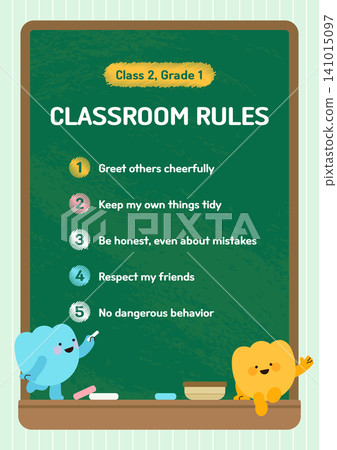Cute Classroom Rules Poster Design with Blackboard and Cartoon Characters for Elementary School 141015097