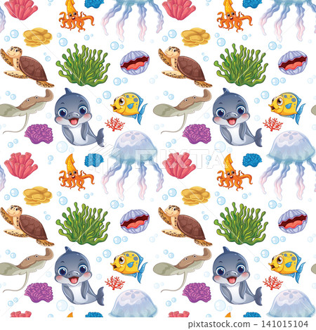 Seamless Cartoon Pattern with Friendly Marine Animals and Coral Reef Elements 141015104