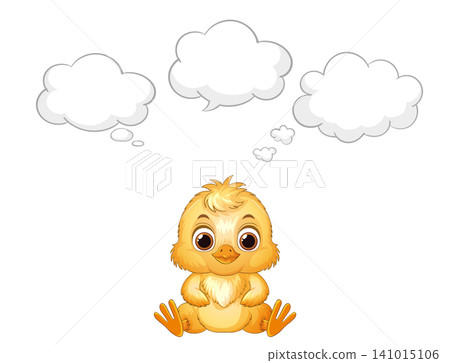 Cute Cartoon Yellow Chick Sitting with Empty Thought Bubbles Above Head Cute Cartoon Yellow Chick Sitting with Empty Thought Bubbles Above Head 141015106