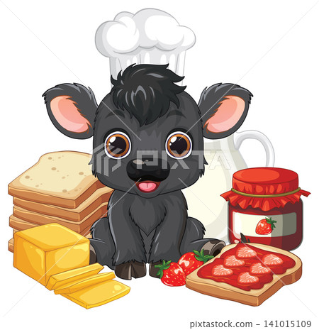 Cartoon Calf Chef with Bread Jam and Butter Breakfast Illustration Cartoon Calf Chef with Bread Jam and Butter Breakfast Illustration 141015109