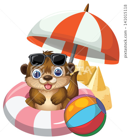 Cartoon Otter with Beach Accessories and Sandcastle Vector Illustration 141015118