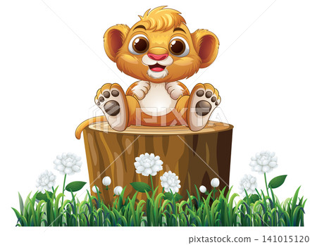 Cute Cartoon Lion Cub Sitting on a Tree Stump in Grass 141015120