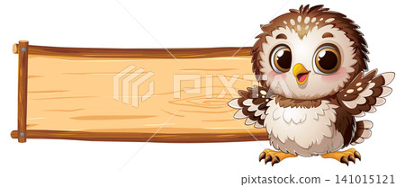 Cute Cartoon Owl Standing Next to a Blank Wooden Sign Cute Cartoon Owl Standing Next to a Blank Wooden Sign 141015121