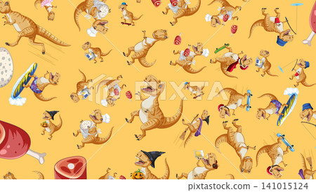 Cartoon Tyrannosaurus Rex Pattern with Various Hobbies and Costumes Cartoon Tyrannosaurus Rex Pattern with Various Hobbies and Costumes 141015124