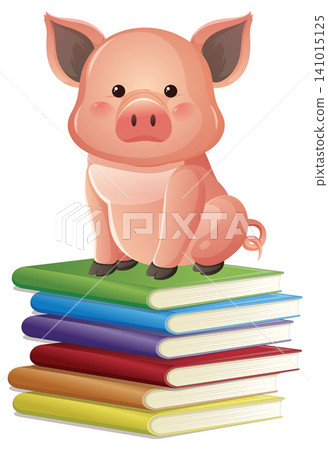 Cute Pink Piglet Character Sitting Atop a Stack of Colorful Hardcover Books Cute Pink Piglet Character Sitting Atop a Stack of Colorful Hardcover Books 141015125