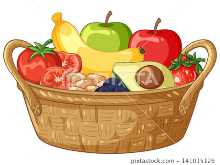 Wicker Basket Filled with Fresh Fruits Vegetables and Healthy Nuts 141015126