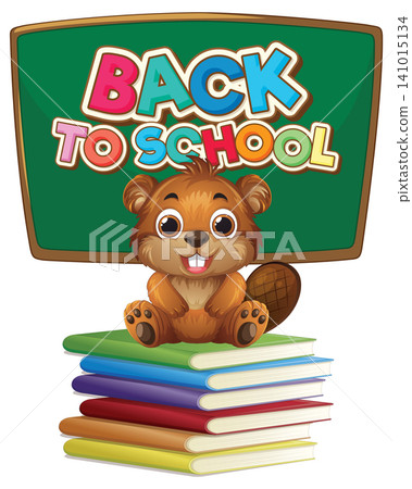 Cartoon Beaver Sitting on Stack of Books with School Chalkboard Cartoon Beaver Sitting on Stack of Books with School Chalkboard 141015134
