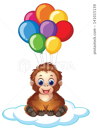 Cute Baby Orangutan Sitting on Cloud with Colorful Balloons Illustration Cute Baby Orangutan Sitting on Cloud with Colorful Balloons Illustration 141015139
