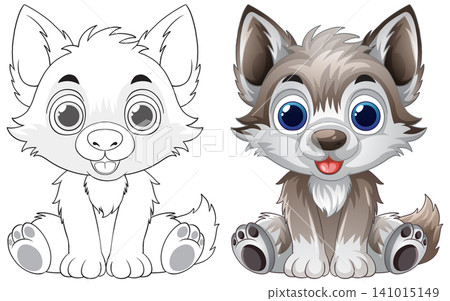 Cute Cartoon Wolf Cub Vector Illustration with Coloring Page Version Cute Cartoon Wolf Cub Vector Illustration with Coloring Page Version 141015149
