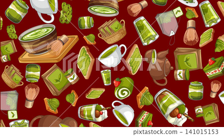 Seamless Vector Pattern with Matcha Green Tea Desserts and Traditional Tools Seamless Vector Pattern with Matcha Green Tea Desserts and Traditional Tools 141015153