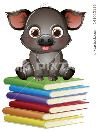 Cute Cartoon Wild Boar Sitting on a Stack of Colorful Books 141015156