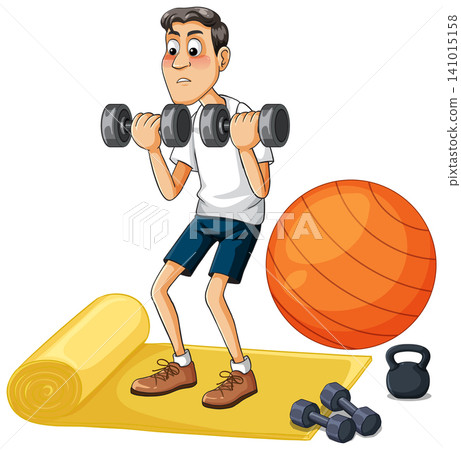 Cartoon Man Lifting Heavy Dumbbells with Fitness Equipment on White Background Cartoon Man Lifting Heavy Dumbbells with Fitness Equipment on White Background 141015158